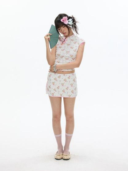 BETWEENAND Allover Print Qipao Short Sleeve Women&