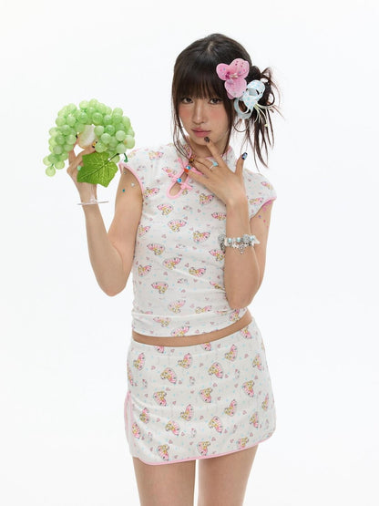 BETWEENAND Allover Print Qipao Short Sleeve Women&