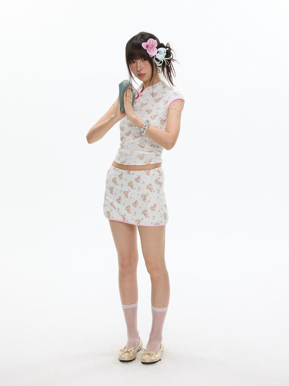 BETWEENAND Allover Print Qipao Short Sleeve Women&