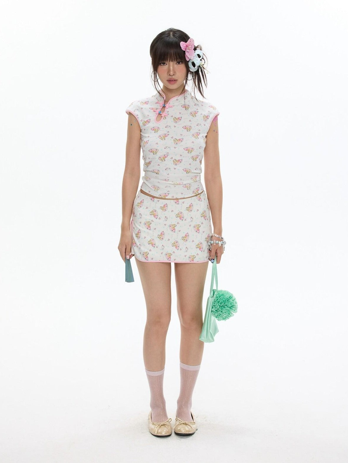 BETWEENAND Allover Print Qipao Short Sleeve Women&