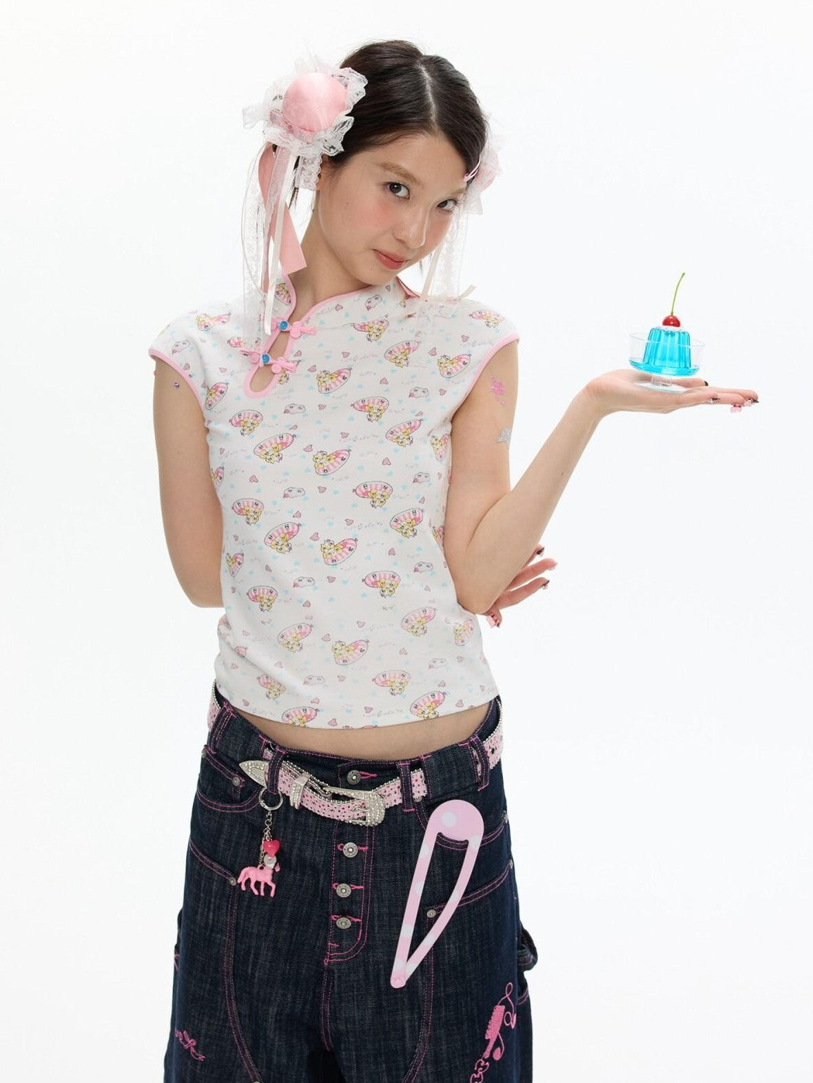 BETWEENAND Allover Print Qipao Short Sleeve Women&