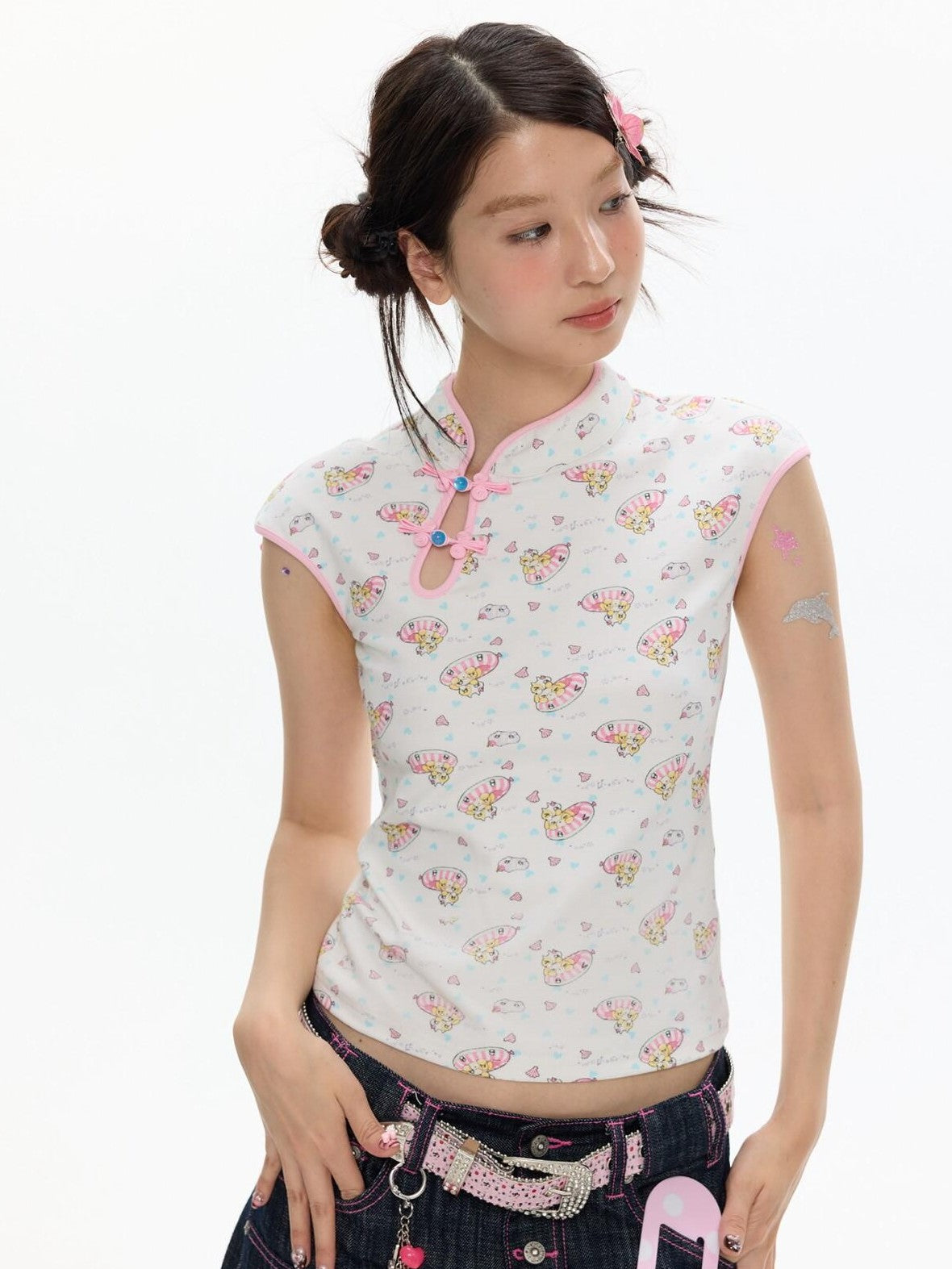 BETWEENAND Allover Print Qipao Short Sleeve Women&