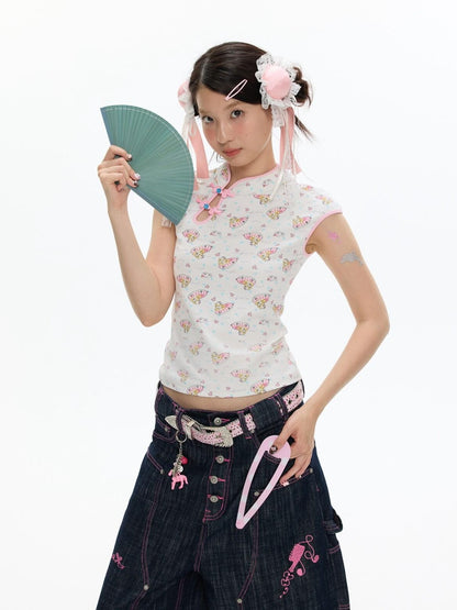 BETWEENAND Allover Print Qipao Short Sleeve Women&