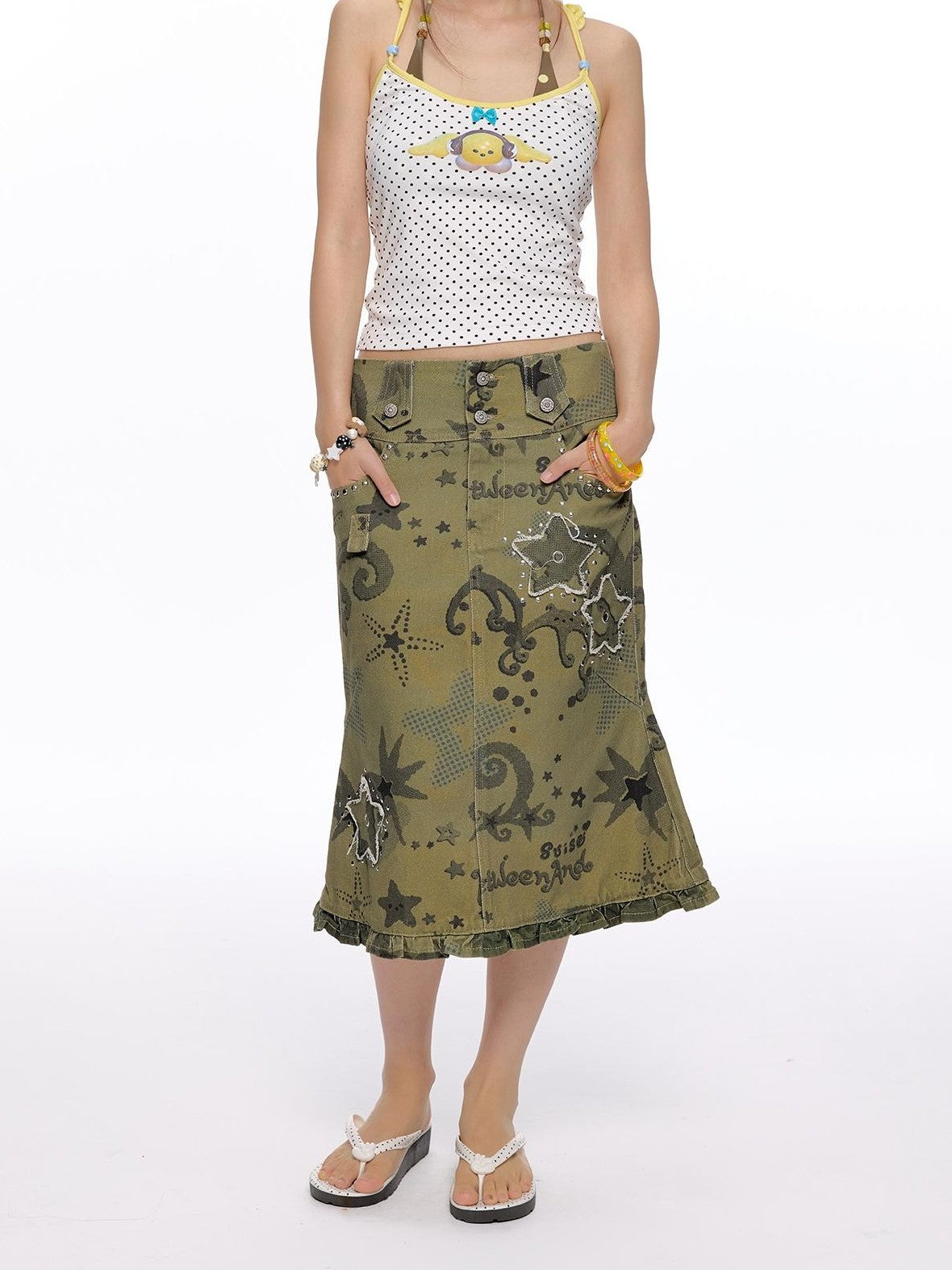 BETWEENAND Allover Star Applique Lace Distressed Fishtail Cargo Women&