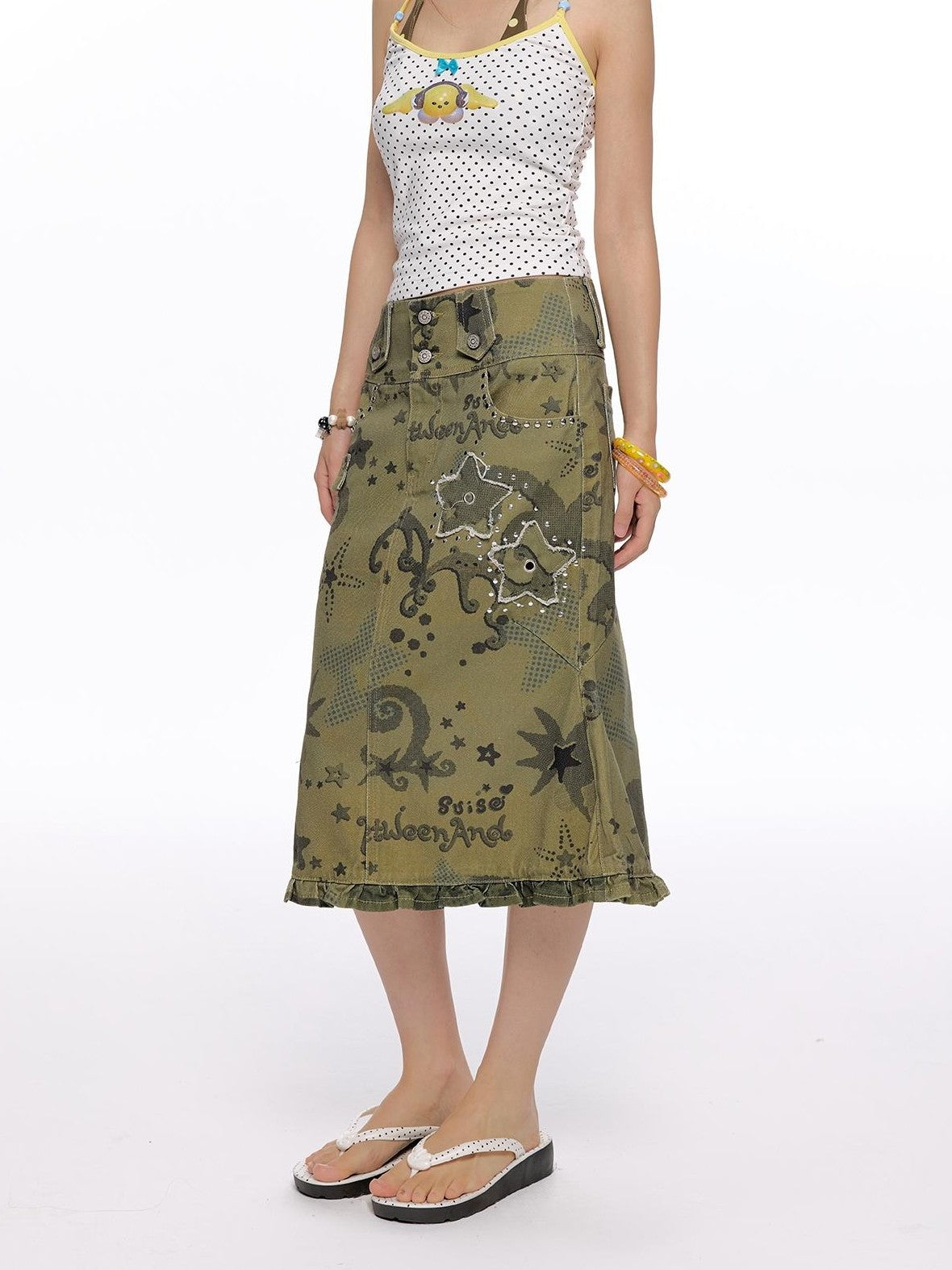 BETWEENAND Allover Star Applique Lace Distressed Fishtail Cargo Women&