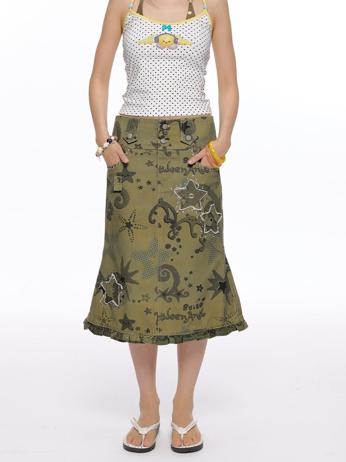 BETWEENAND Allover Star Applique Lace Distressed Fishtail Cargo Women&