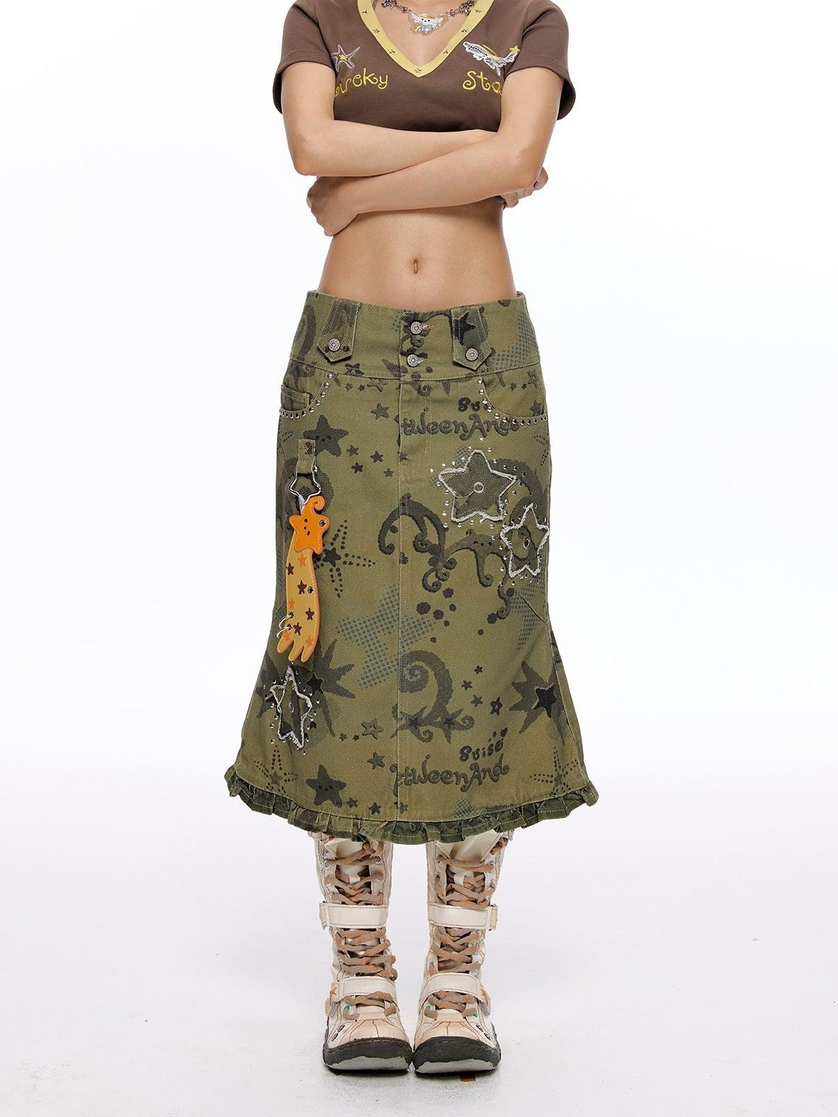 BETWEENAND Allover Star Applique Lace Distressed Fishtail Cargo Women&