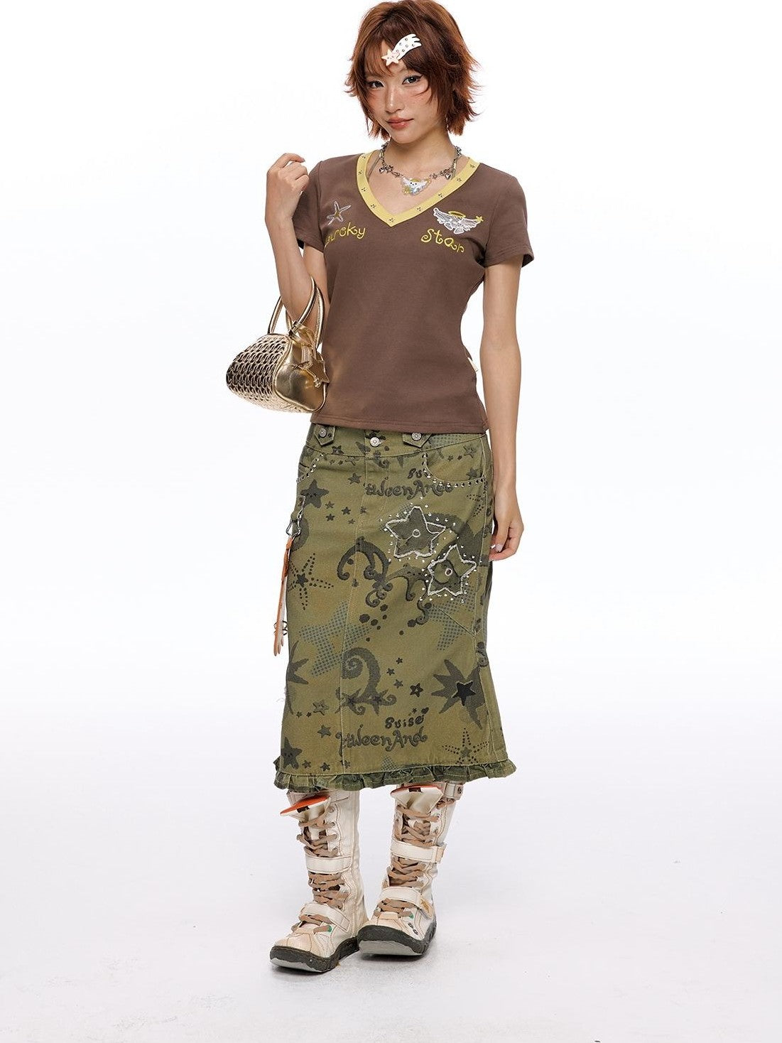 BETWEENAND Allover Star Applique Lace Distressed Fishtail Cargo Women&
