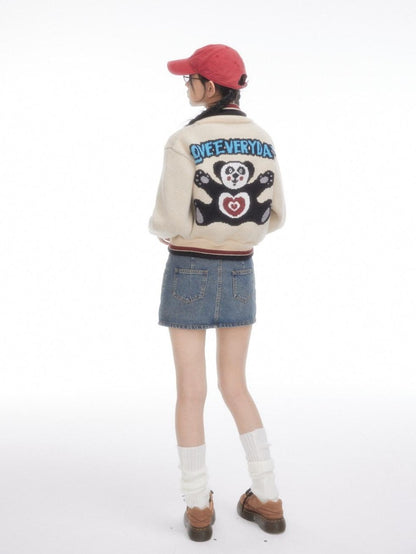 BETWEENAND Almond Color Retro Panda Knit Stand Collar Loose Fit Women&