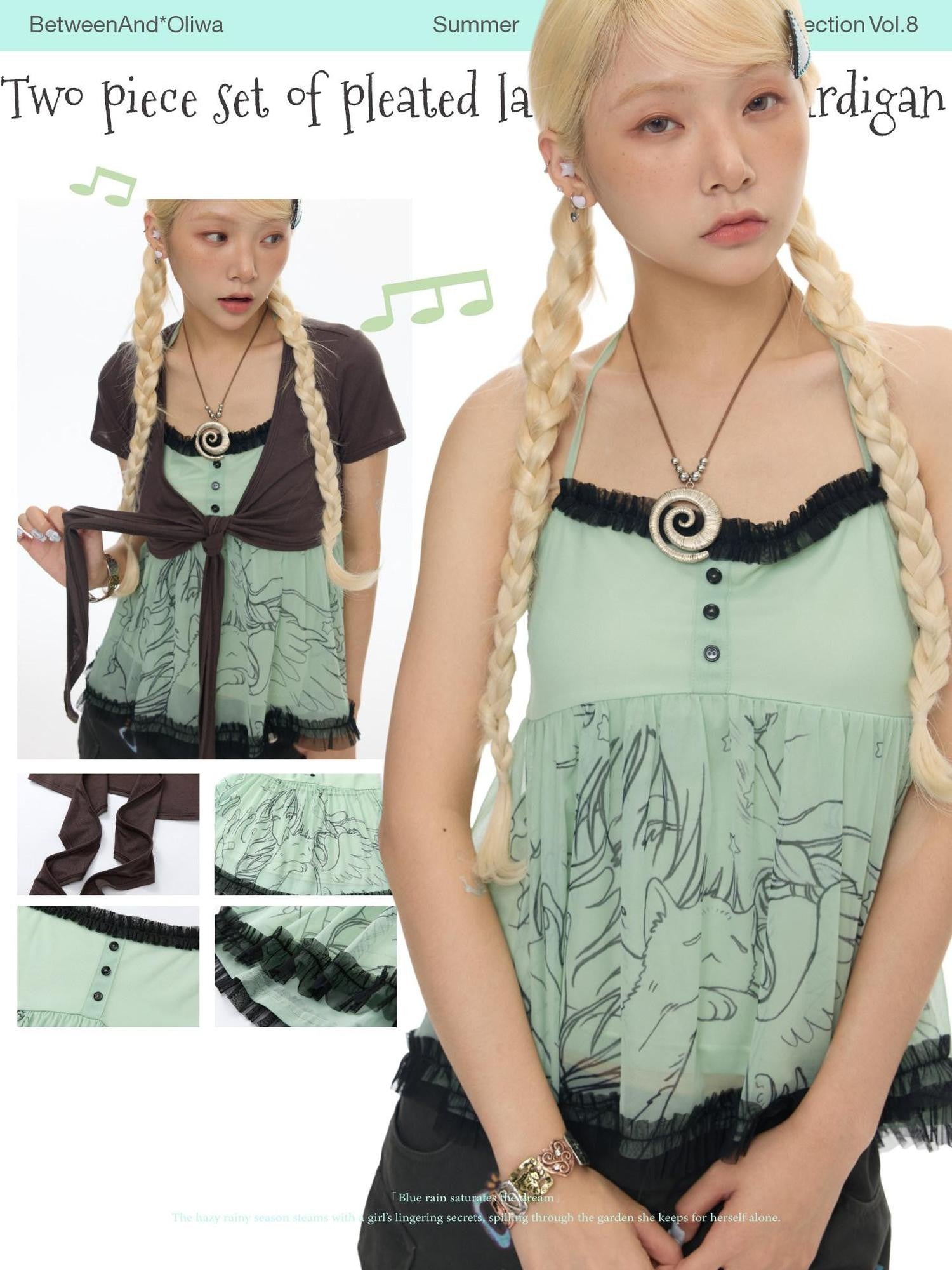 BETWEENAND Apple Green Ruched Lace Trim Square Neck Women&