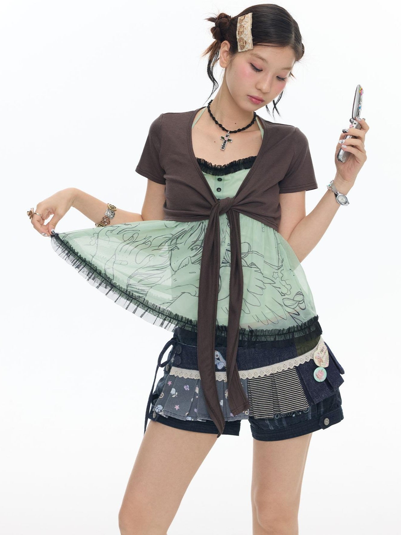 BETWEENAND Apple Green Ruched Lace Trim Square Neck Women&
