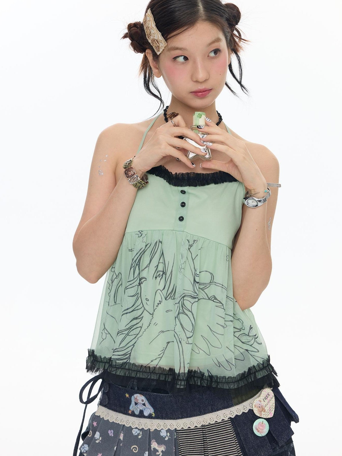 BETWEENAND Apple Green Ruched Lace Trim Square Neck Women&