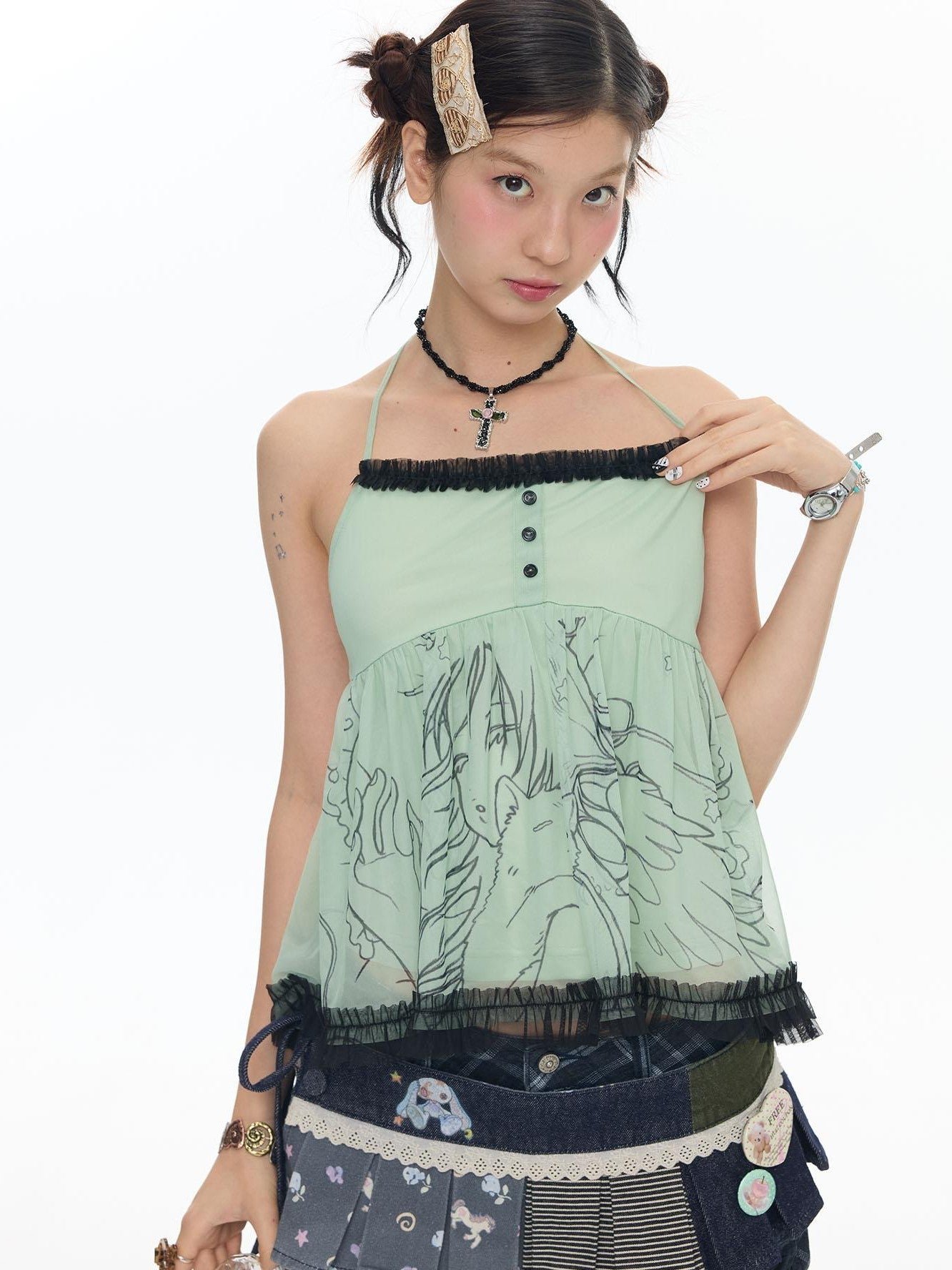 BETWEENAND Apple Green Ruched Lace Trim Square Neck Women&