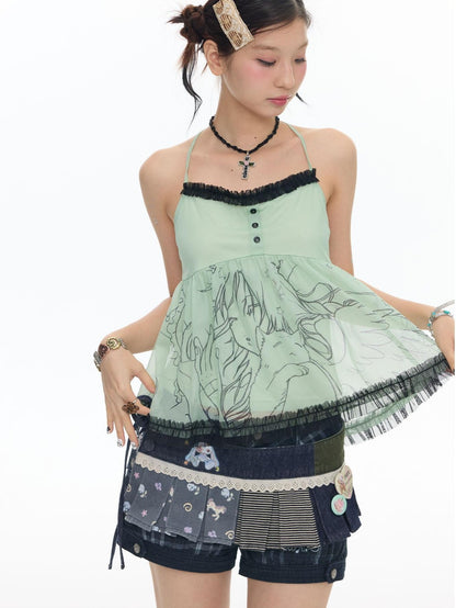 BETWEENAND Apple Green Ruched Lace Trim Square Neck Women&