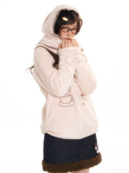 BETWEENAND Apricot Stand Collar Loose Fluffy Polar Fleece Women&