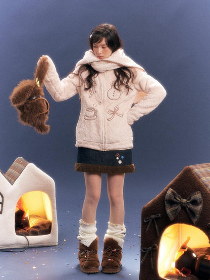 BETWEENAND Apricot Stand Collar Loose Fluffy Polar Fleece Women&