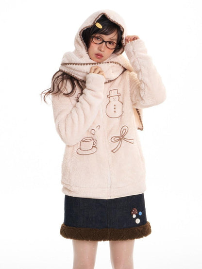 BETWEENAND Apricot Stand Collar Loose Fluffy Polar Fleece Women&