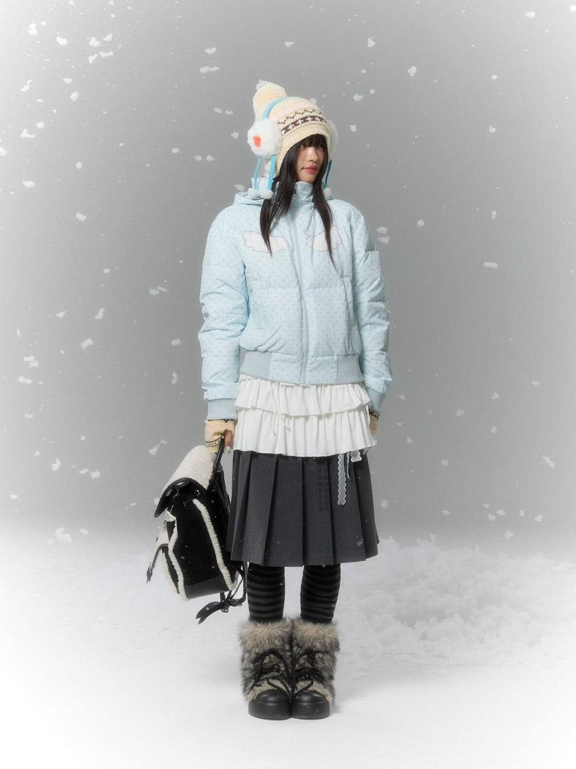 BETWEENAND Baby Blue Polka Dot Rhinestone Print Hooded Women&