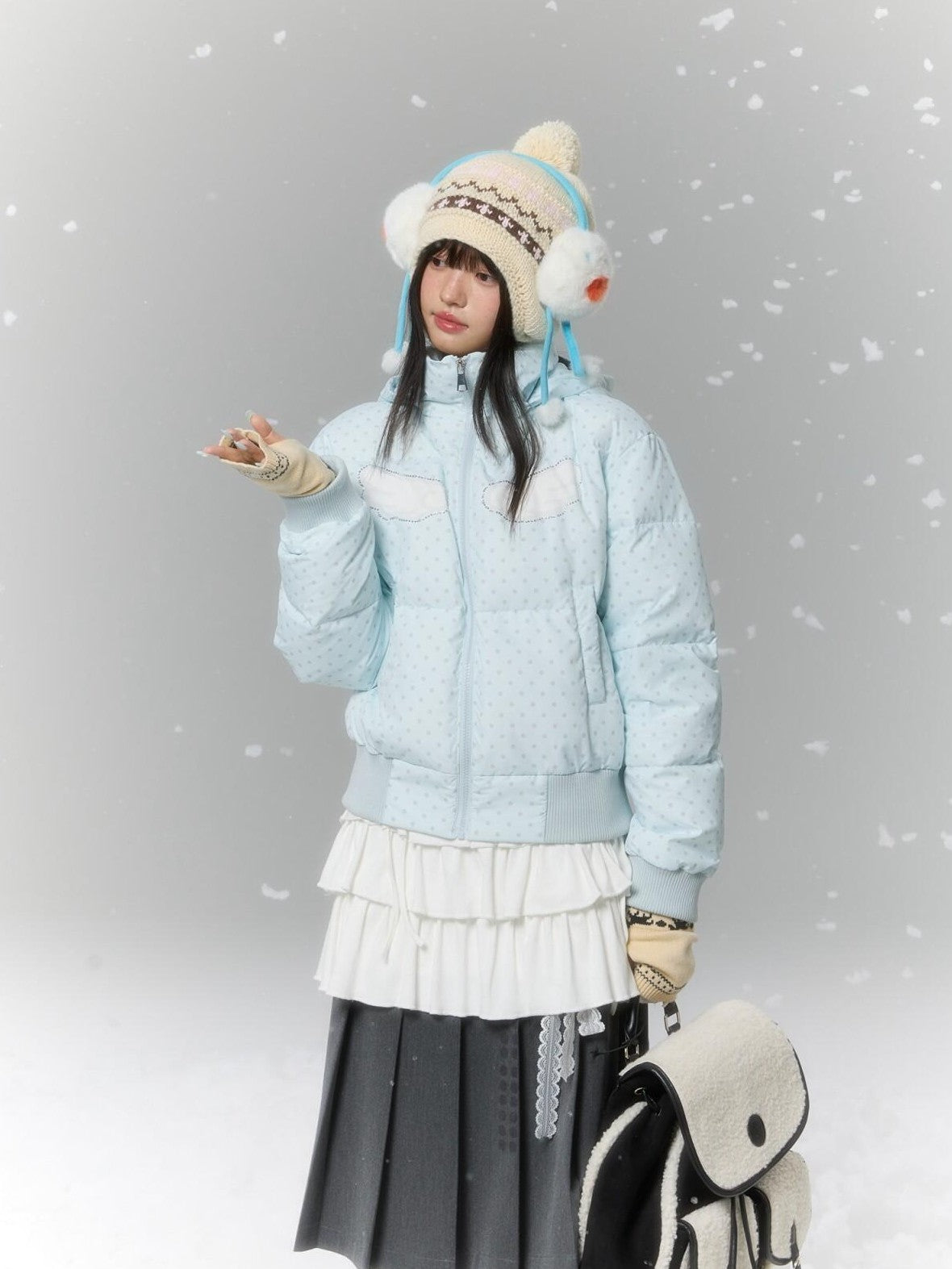BETWEENAND Baby Blue Polka Dot Rhinestone Print Hooded Women&