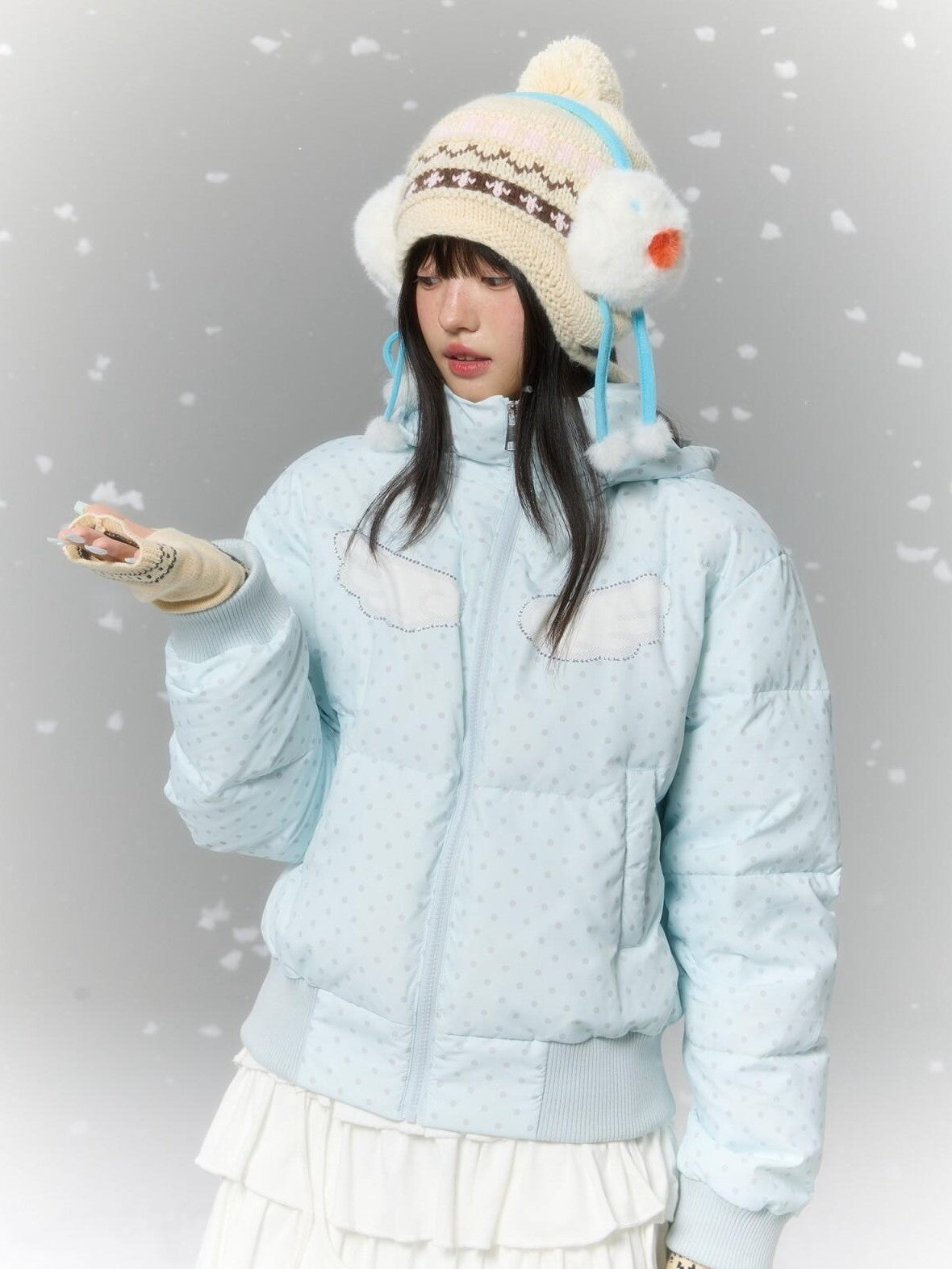 BETWEENAND Baby Blue Polka Dot Rhinestone Print Hooded Women&