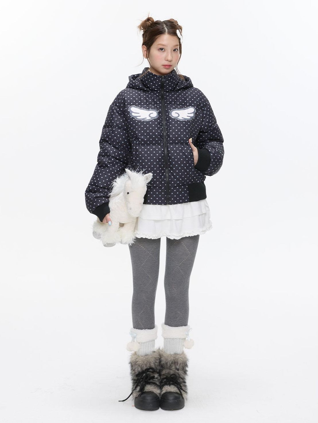 BETWEENAND Baby Blue Polka Dot Rhinestone Print Hooded Women&