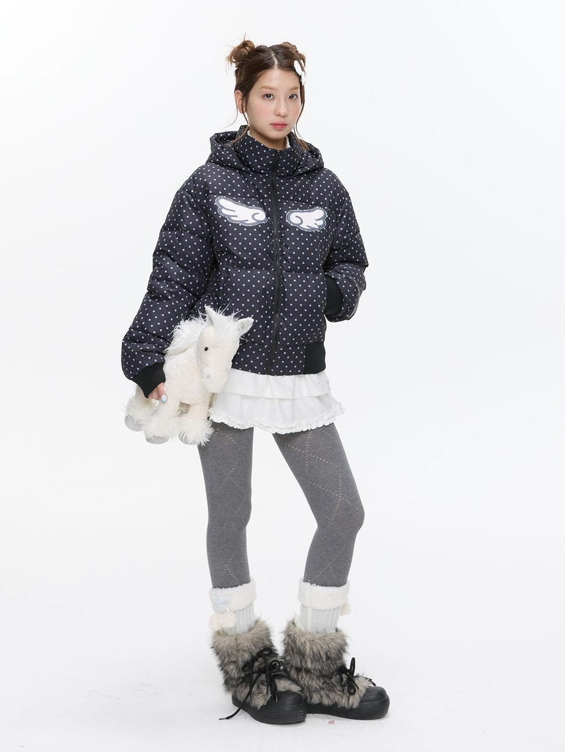 BETWEENAND Baby Blue Polka Dot Rhinestone Print Hooded Women&