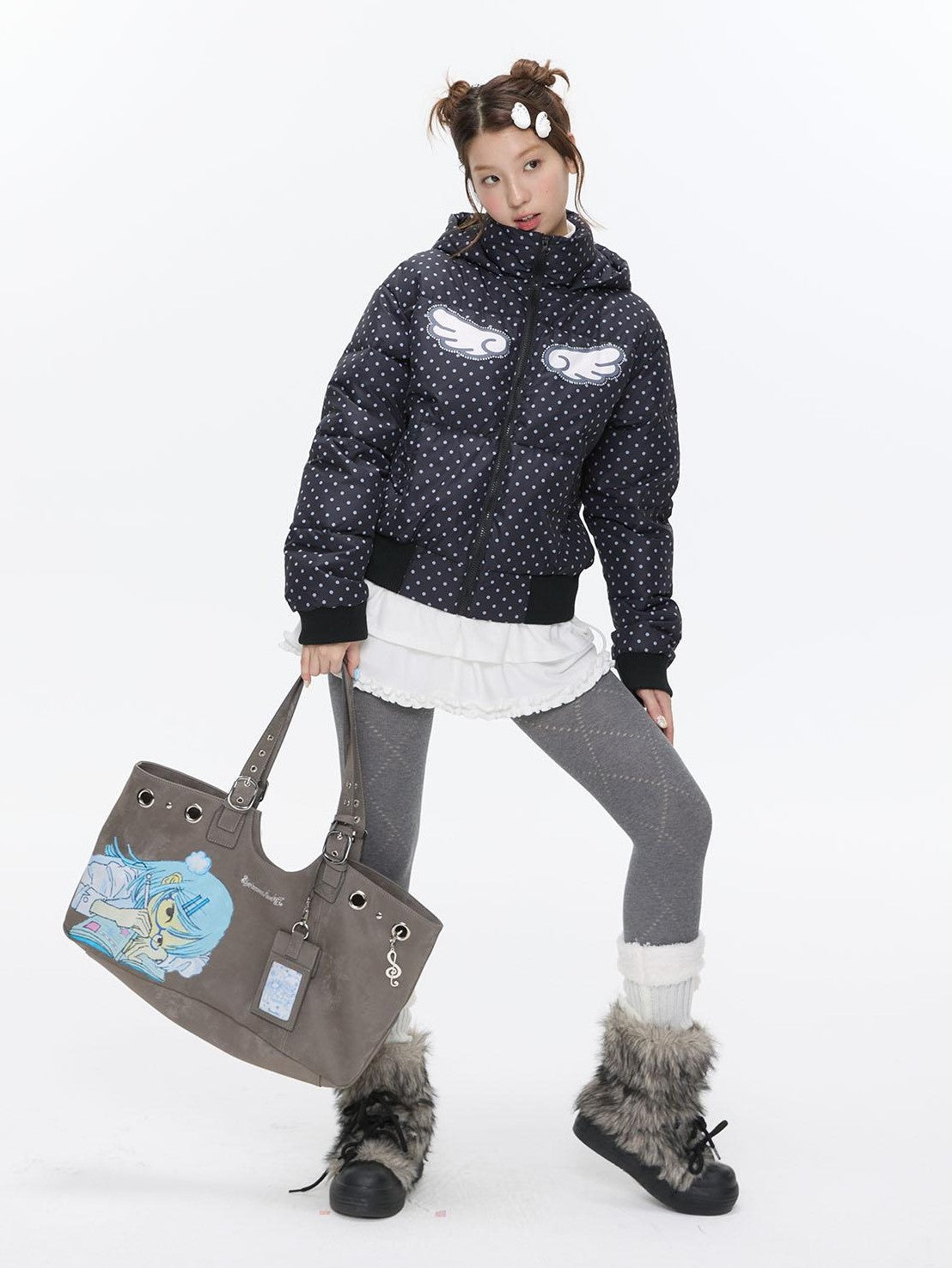 BETWEENAND Baby Blue Polka Dot Rhinestone Print Hooded Women&