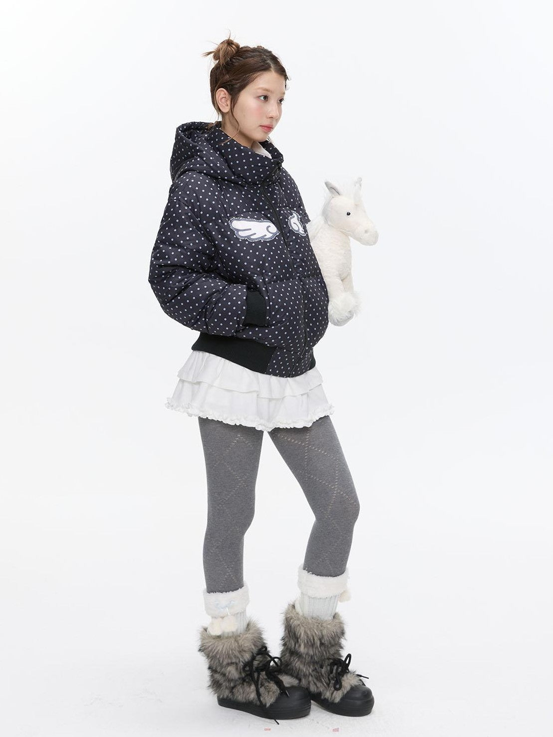 BETWEENAND Baby Blue Polka Dot Rhinestone Print Hooded Women&