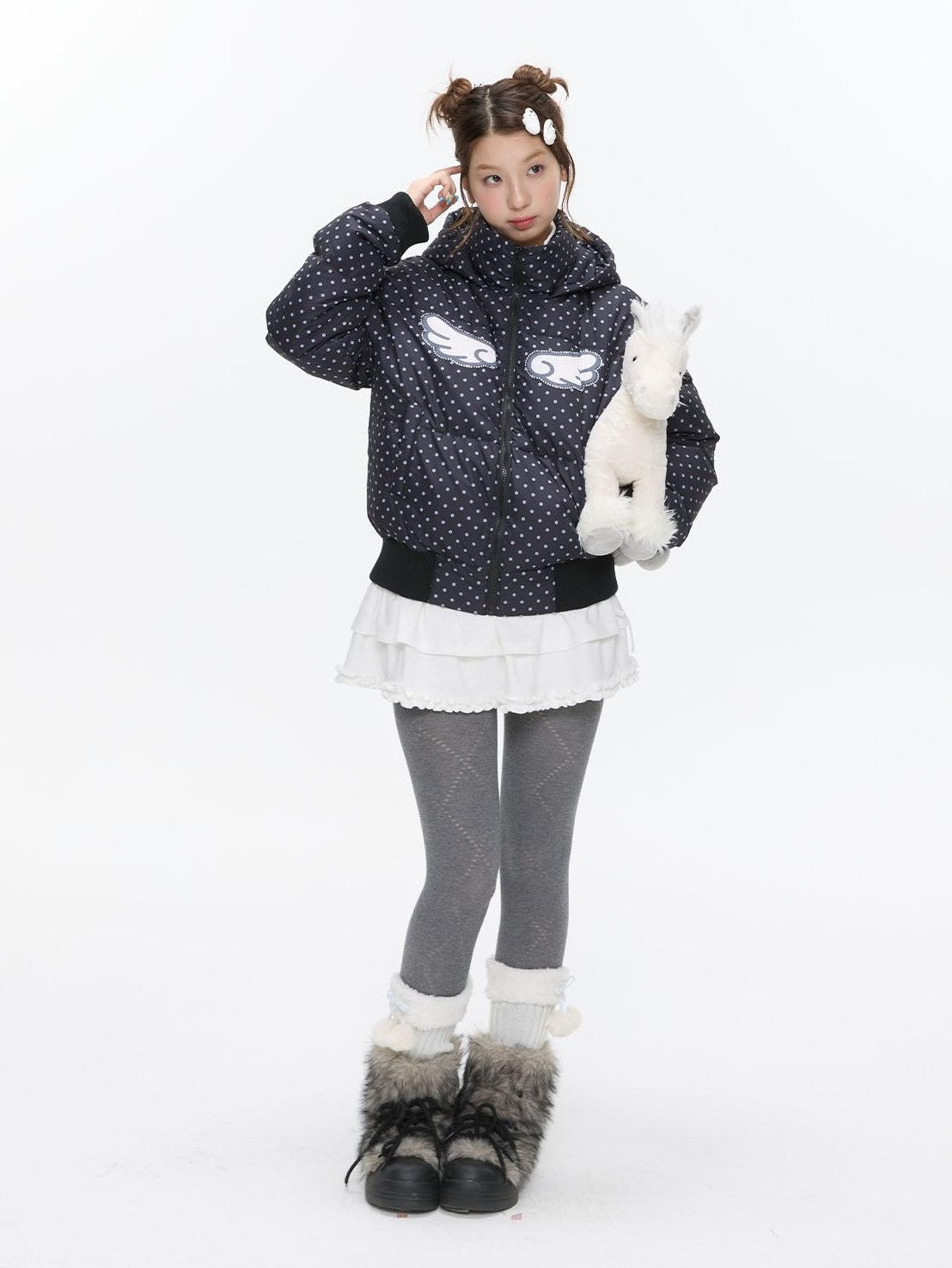 BETWEENAND Baby Blue Polka Dot Rhinestone Print Hooded Women&