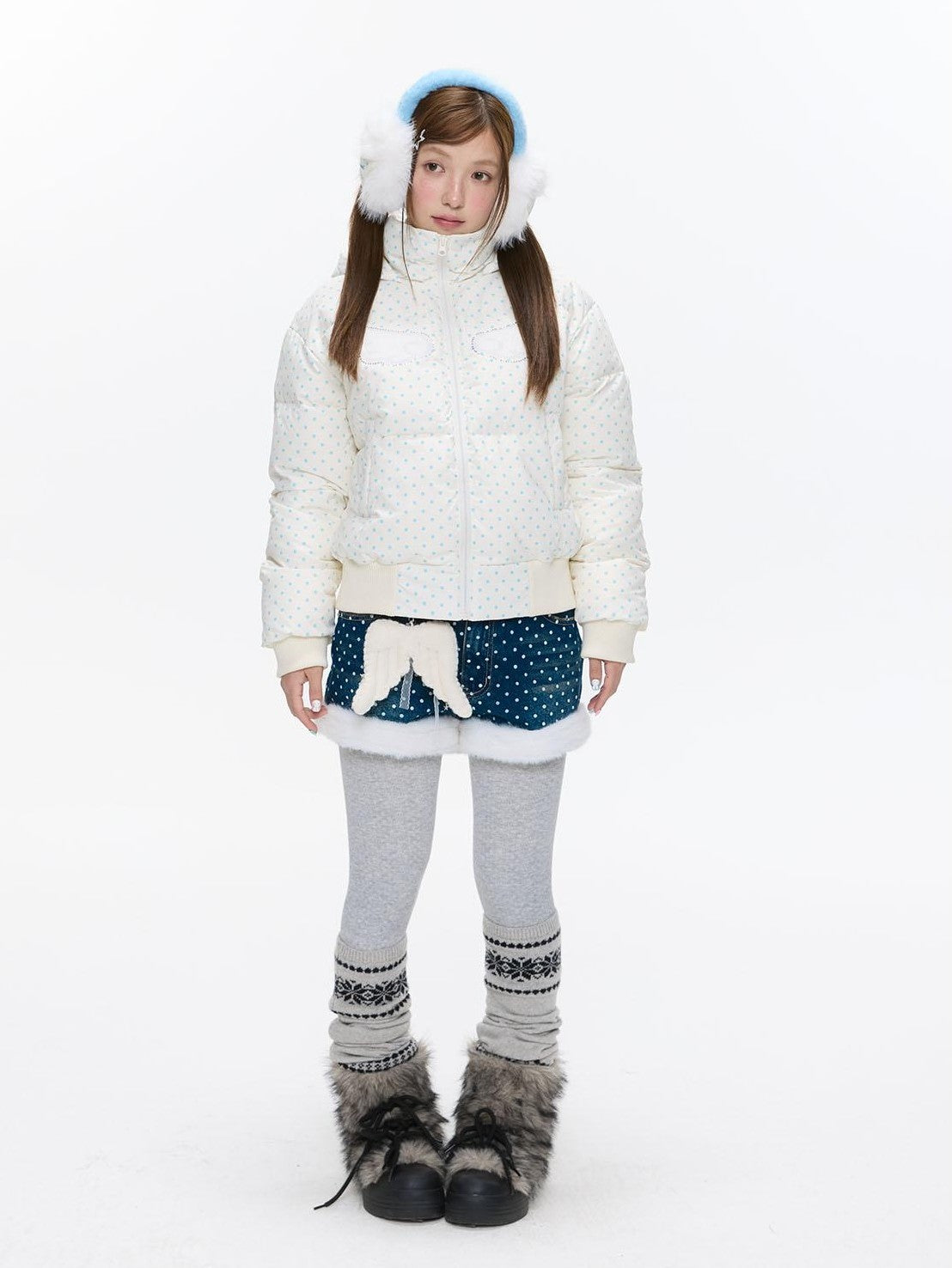 BETWEENAND Baby Blue Polka Dot Rhinestone Print Hooded Women&