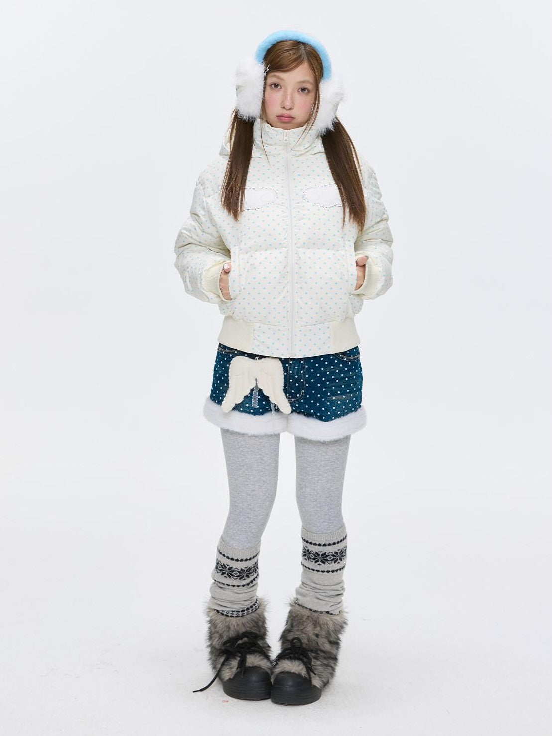 BETWEENAND Baby Blue Polka Dot Rhinestone Print Hooded Women&