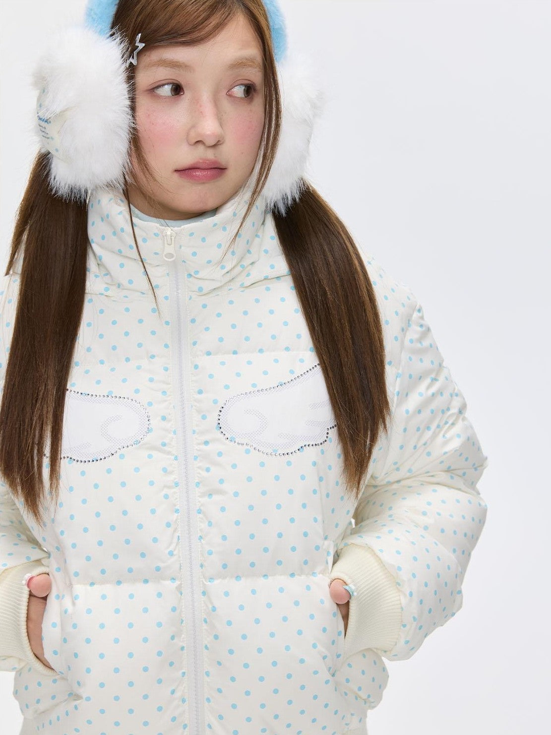 BETWEENAND Baby Blue Polka Dot Rhinestone Print Hooded Women&