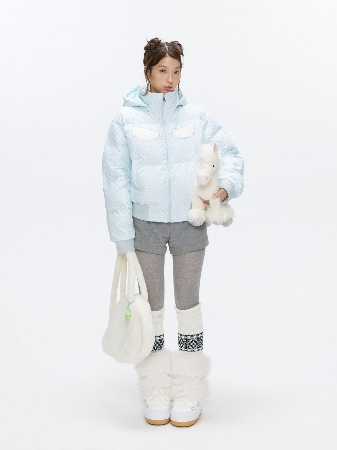BETWEENAND Baby Blue Polka Dot Rhinestone Print Hooded Women&