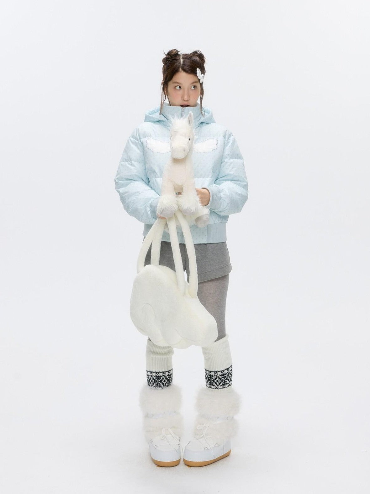 BETWEENAND Baby Blue Polka Dot Rhinestone Print Hooded Women&