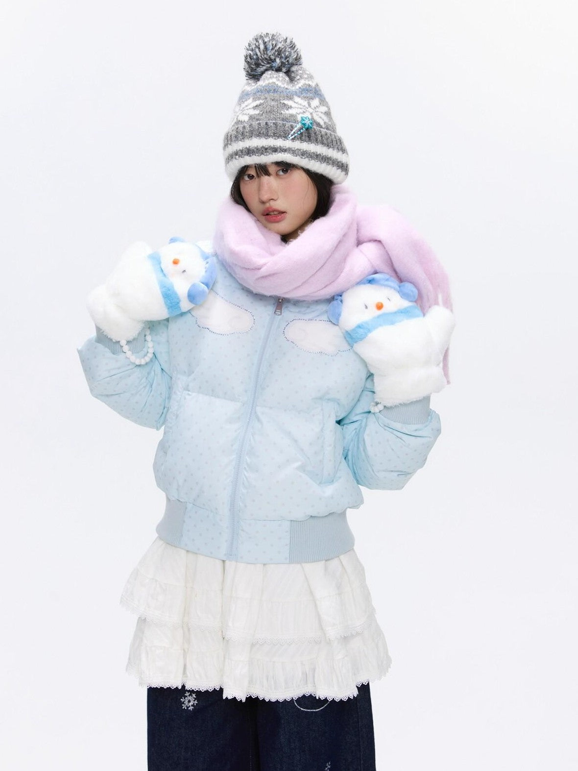 BETWEENAND Baby Blue Polka Dot Rhinestone Print Hooded Women&