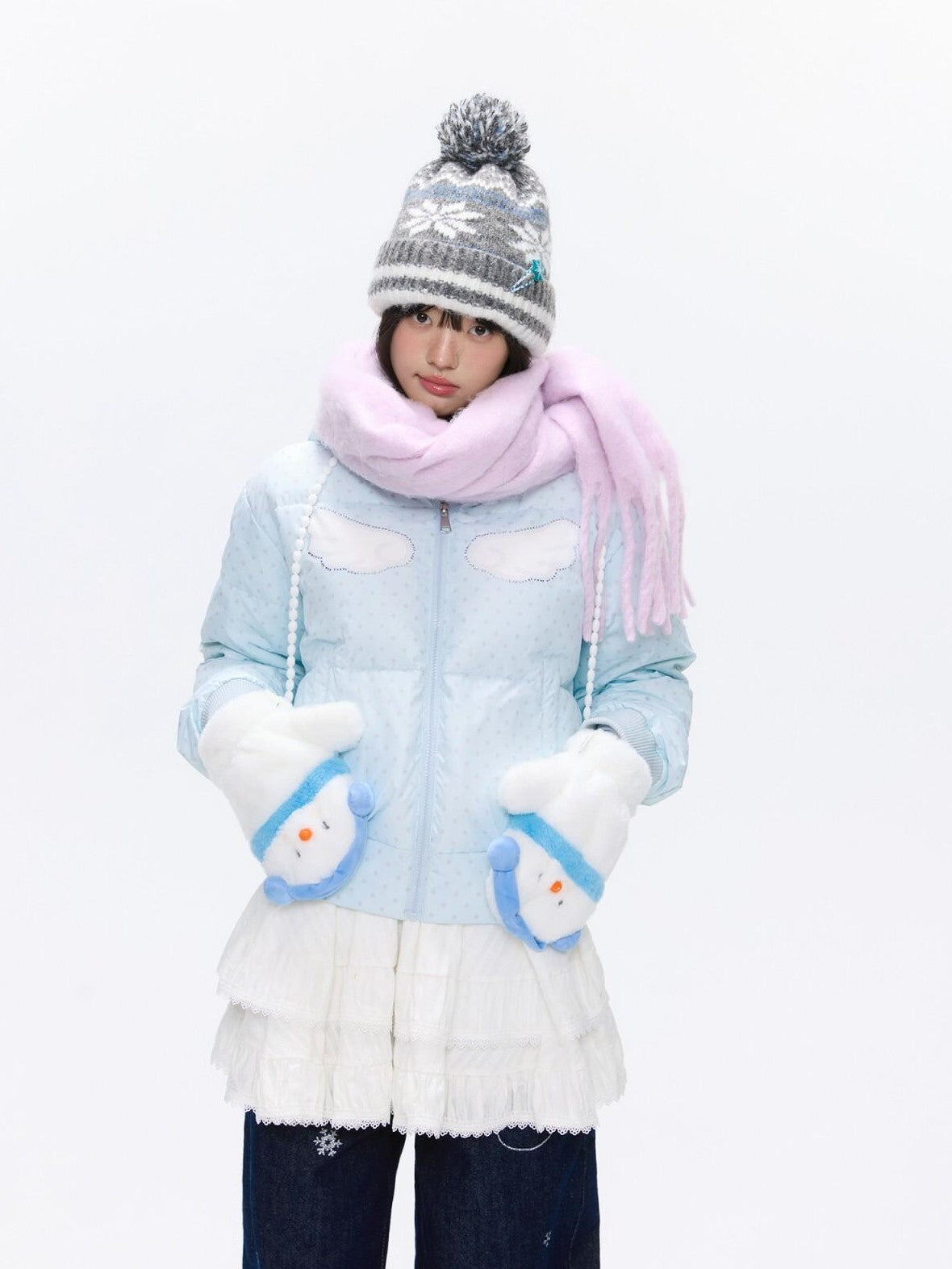BETWEENAND Baby Blue Polka Dot Rhinestone Print Hooded Women&