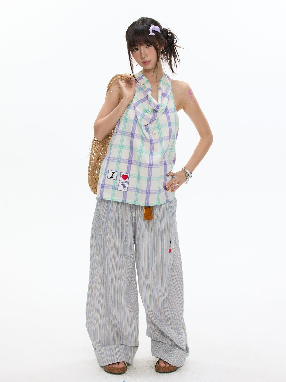 BETWEENAND Beach Colors Striped Cat Embroidery Women&