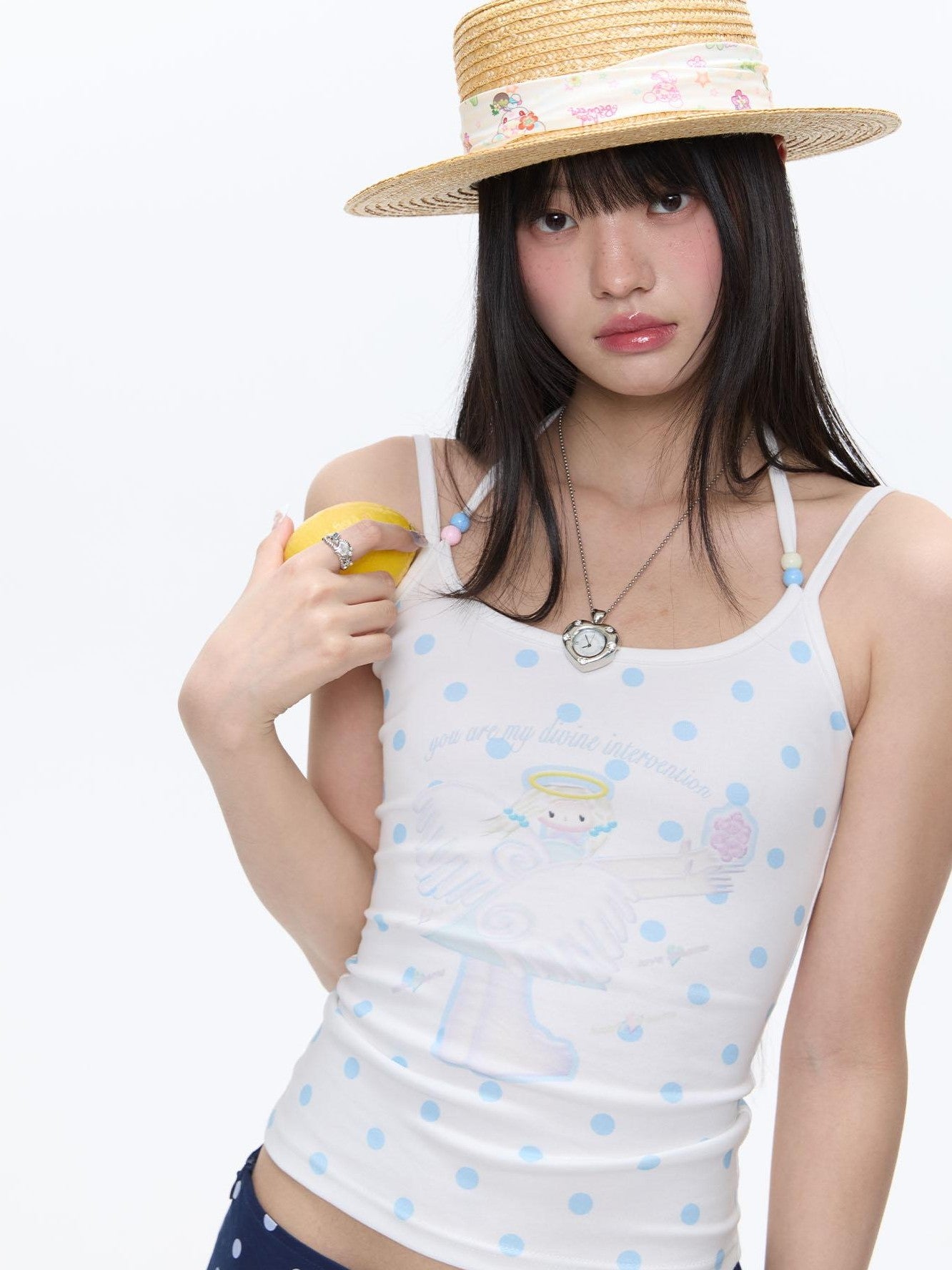 BETWEENAND Beaded Wave Shell And Polka Dot Print Cute Women&