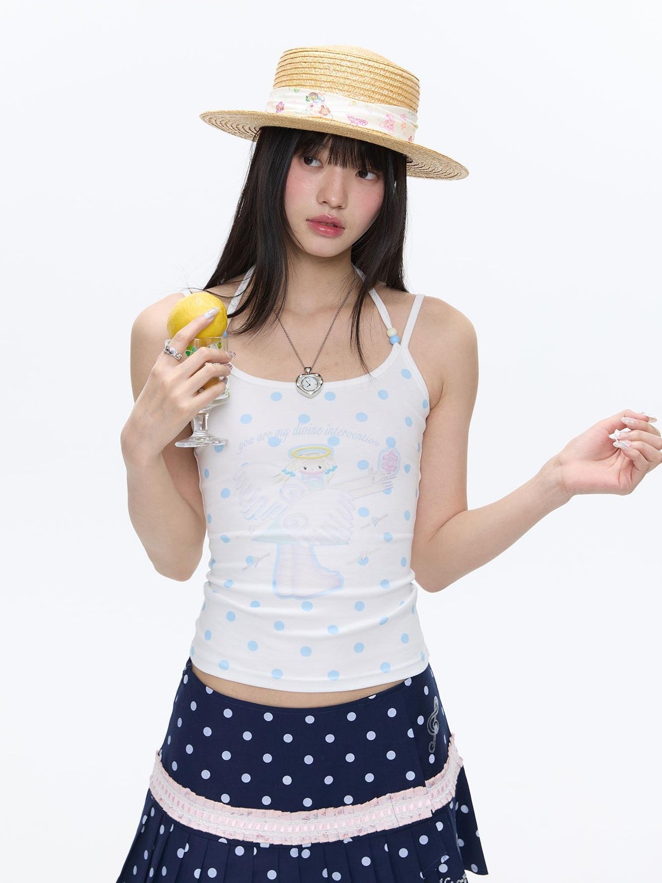 BETWEENAND Beaded Wave Shell And Polka Dot Print Cute Women&