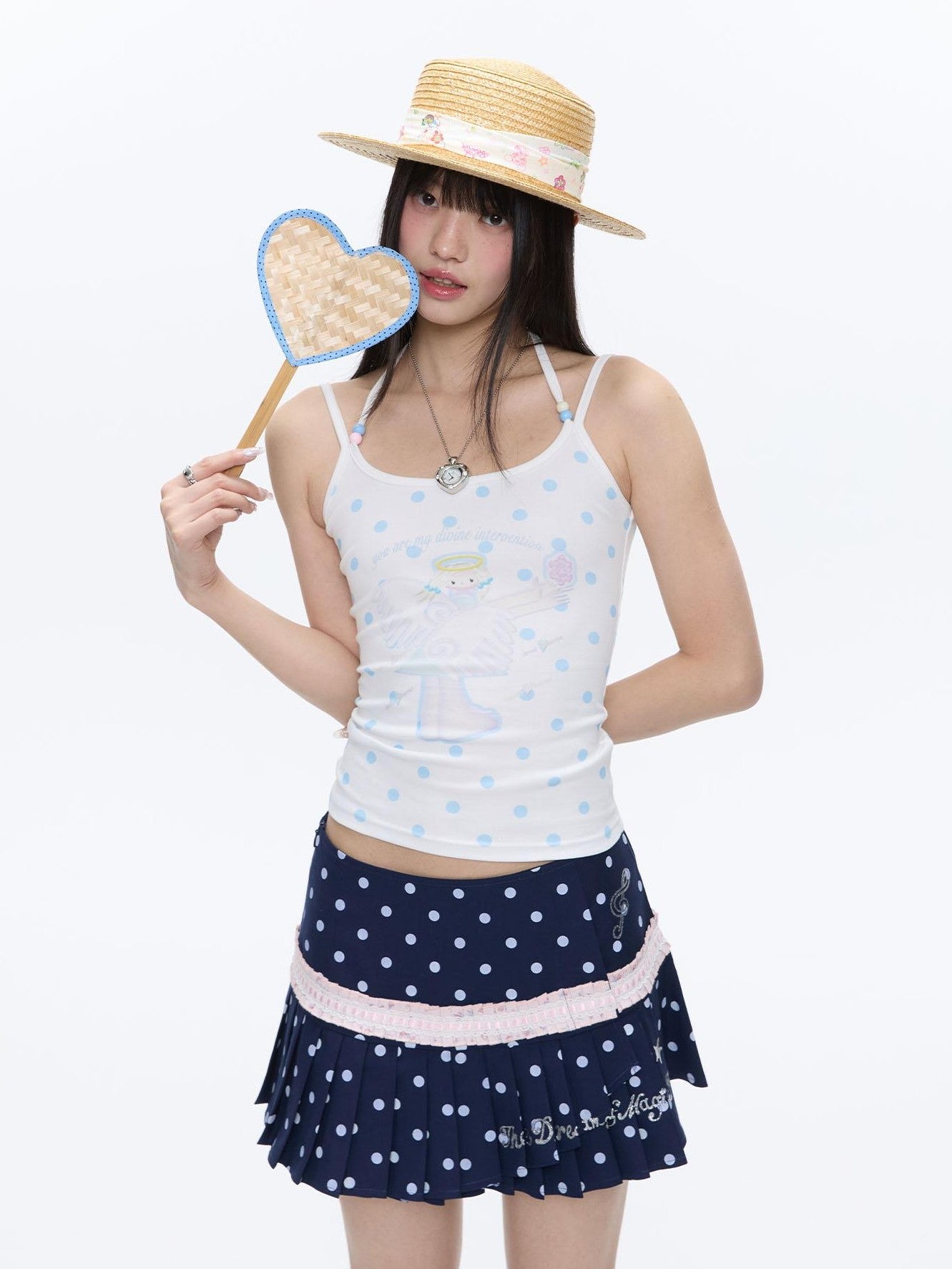 BETWEENAND Beaded Wave Shell And Polka Dot Print Cute Women&