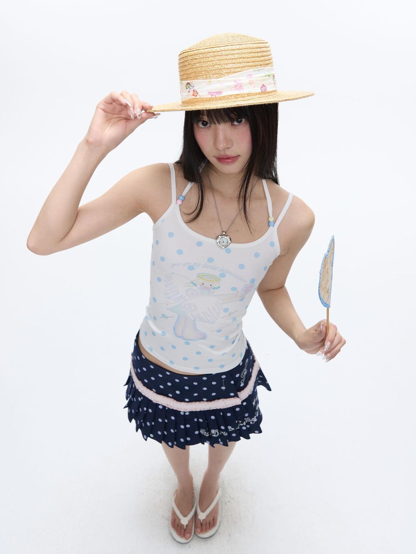 BETWEENAND Beaded Wave Shell And Polka Dot Print Cute Women&