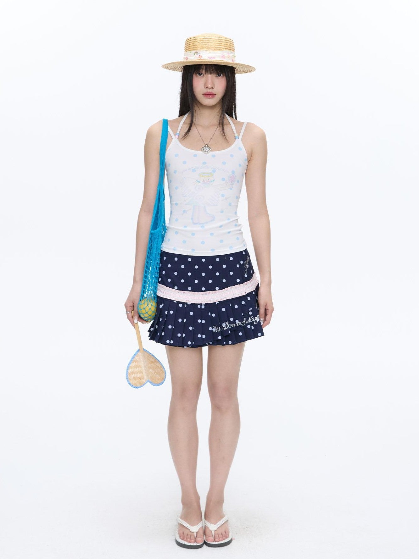 BETWEENAND Beaded Wave Shell And Polka Dot Print Cute Women&