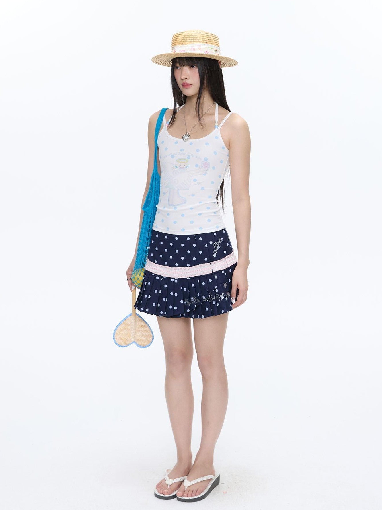BETWEENAND Beaded Wave Shell And Polka Dot Print Cute Women&