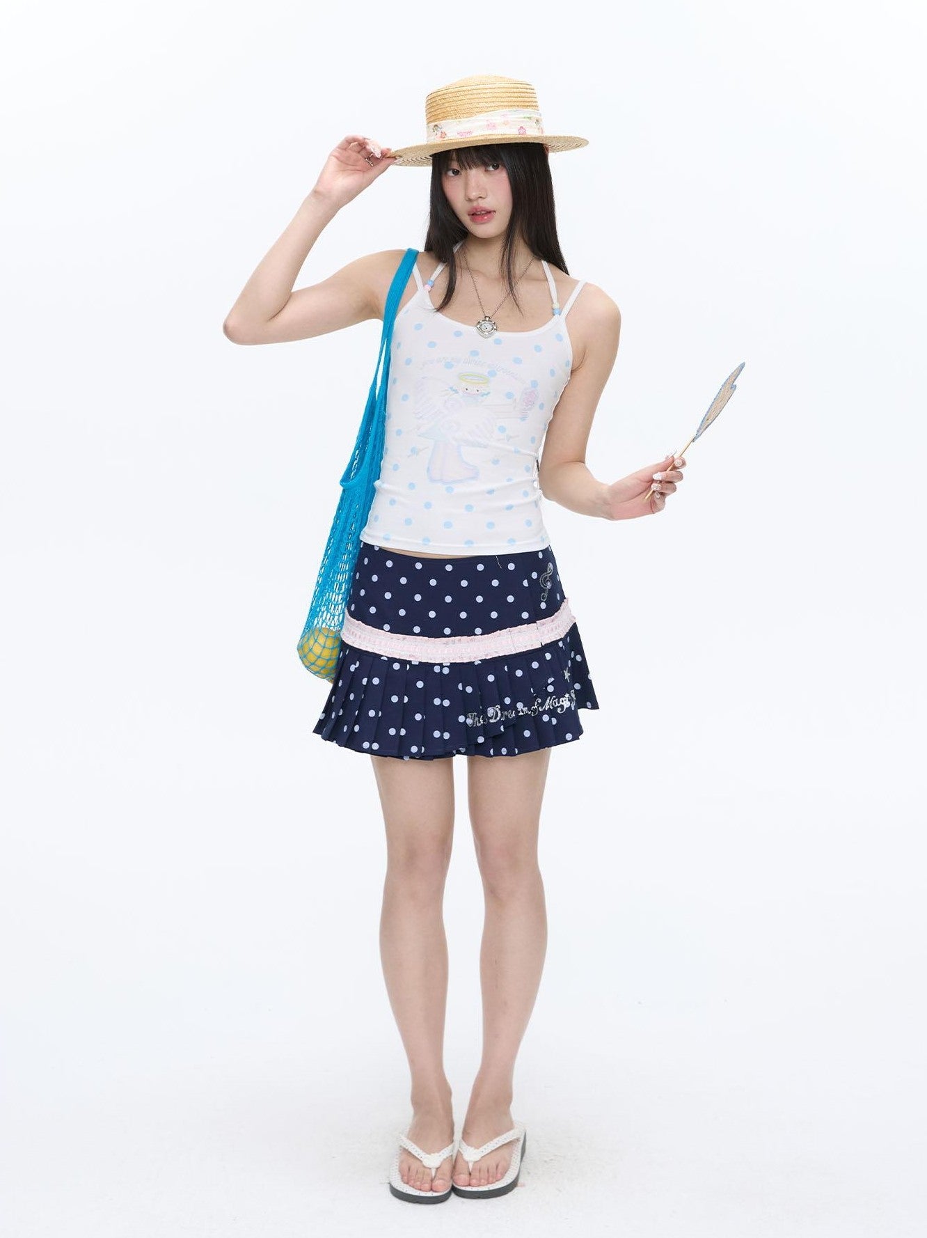 BETWEENAND Beaded Wave Shell And Polka Dot Print Cute Women&