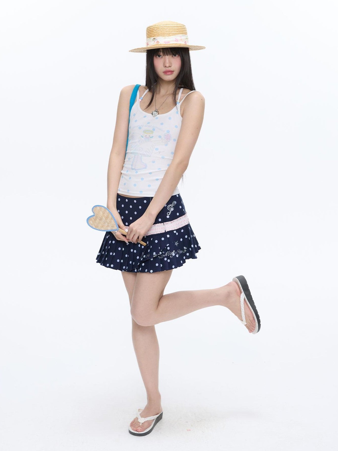 BETWEENAND Beaded Wave Shell And Polka Dot Print Cute Women&