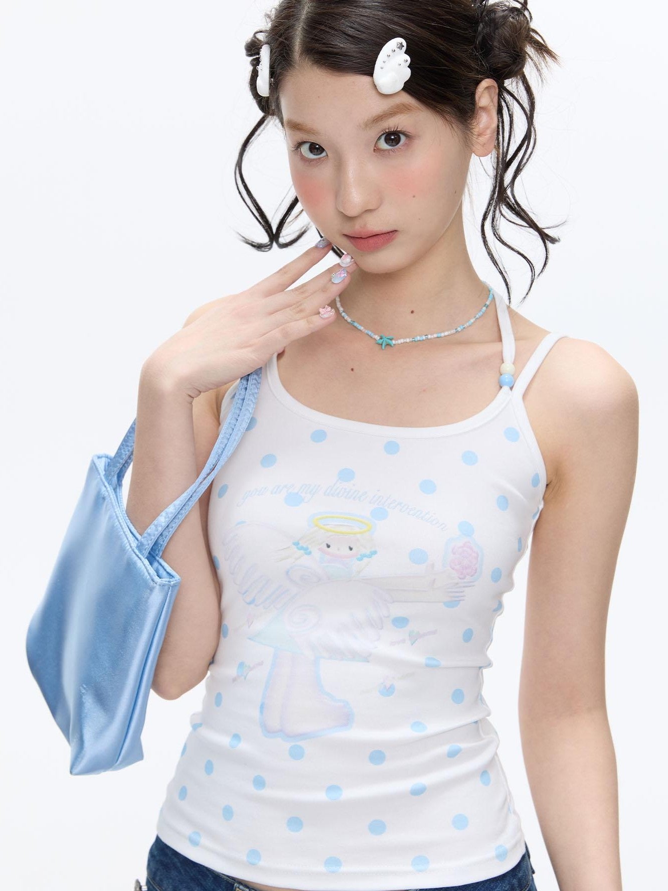 BETWEENAND Beaded Wave Shell And Polka Dot Print Cute Women&