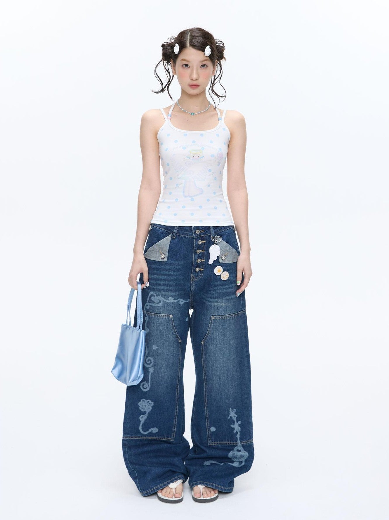 BETWEENAND Beaded Wave Shell And Polka Dot Print Cute Women&