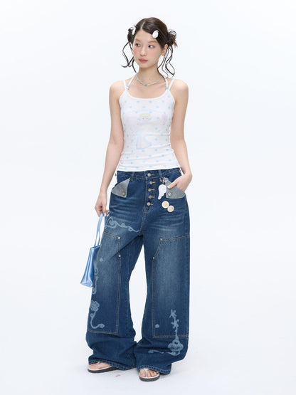 BETWEENAND Beaded Wave Shell And Polka Dot Print Cute Women&