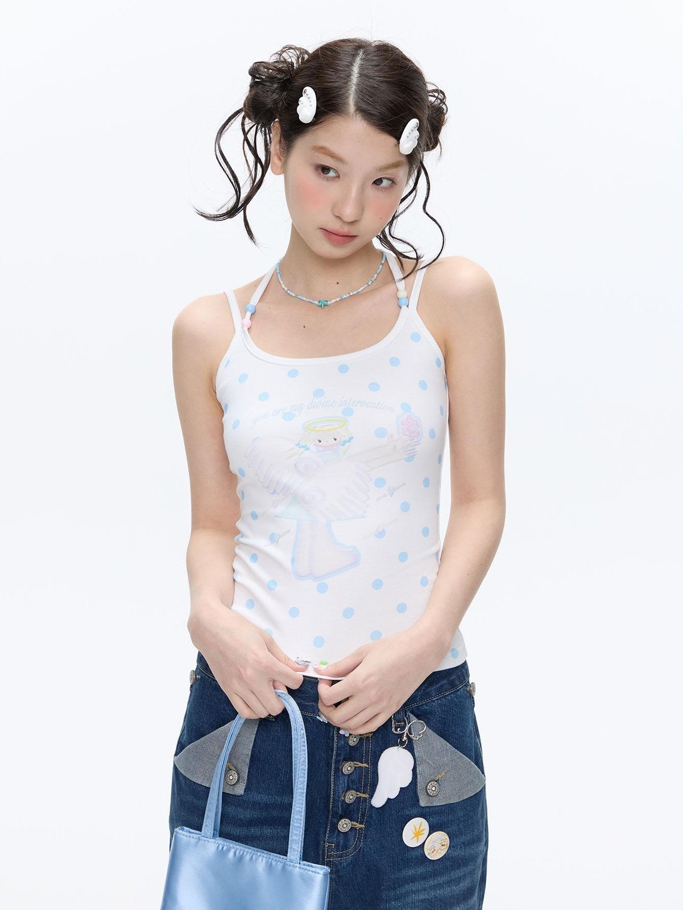BETWEENAND Beaded Wave Shell And Polka Dot Print Cute Women&