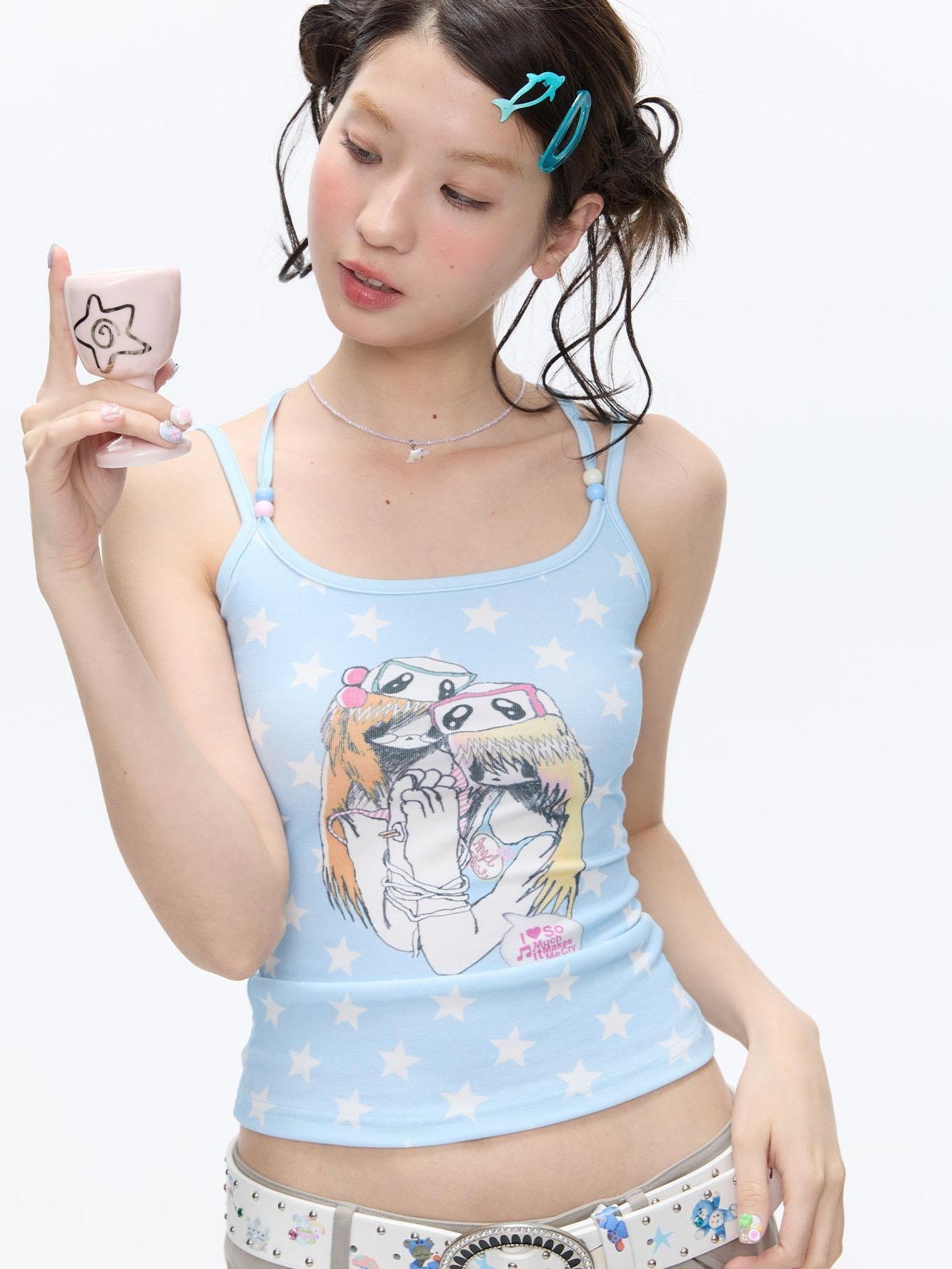 BETWEENAND Beaded Wave Shell And Polka Dot Print Cute Women&